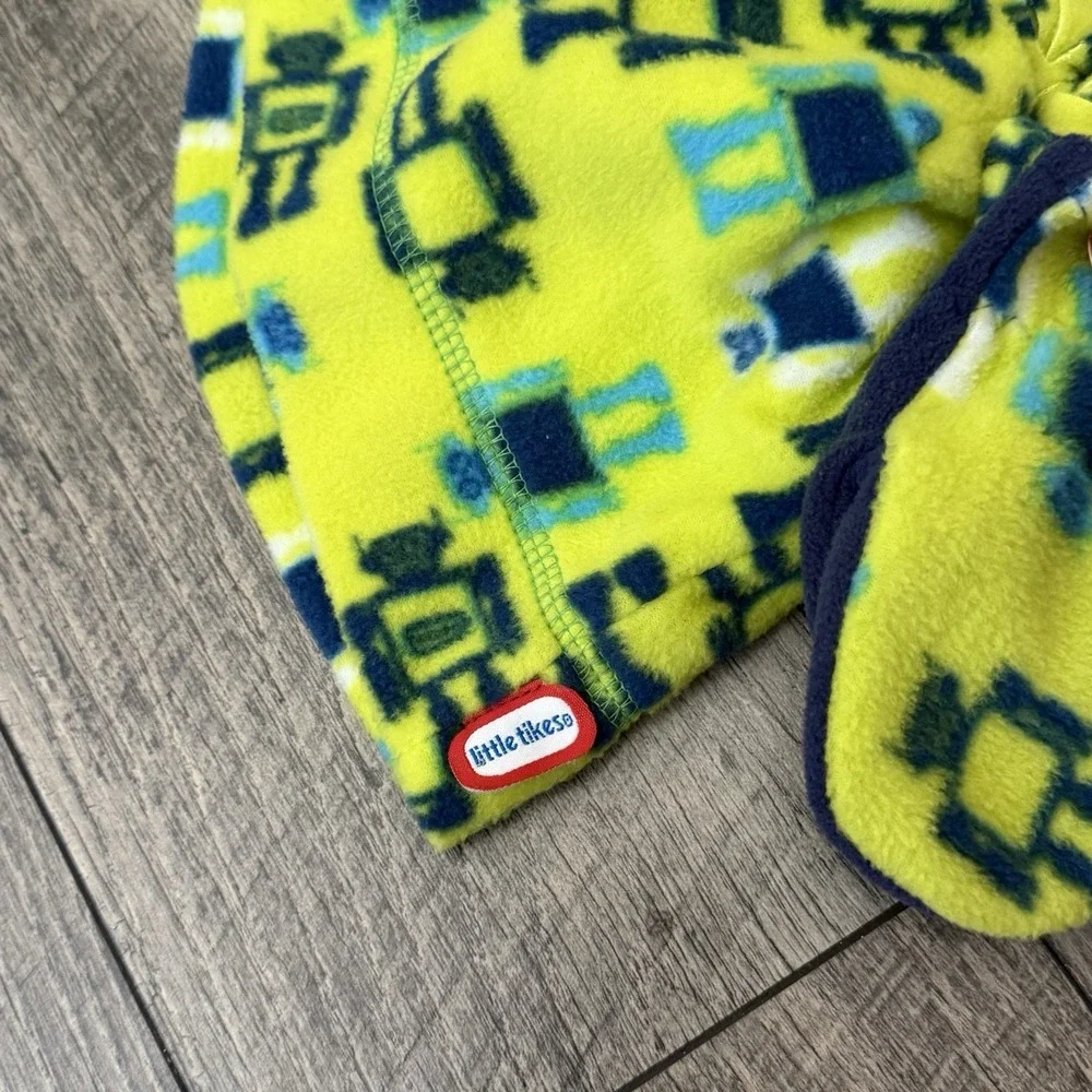 NWT Little Tikes Kids Fleece Beanie Mittens Set Robot Print Neon Green Blue OSFA